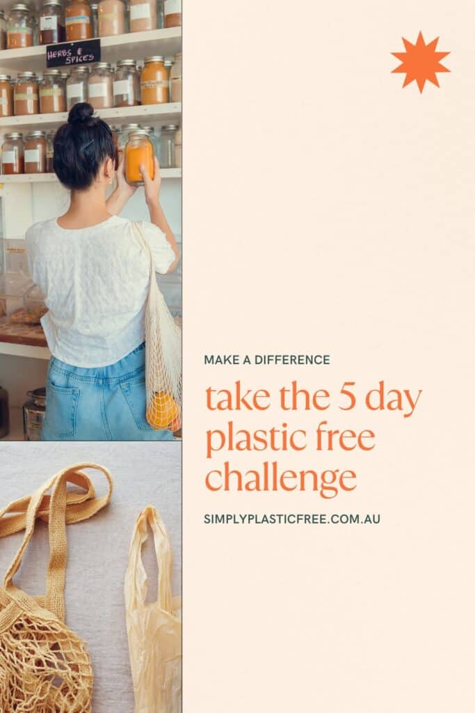 Promotional banner featuring a woman reaching for a jar on a shelf filled with spices, with a net bag of fruit, advocating for the 5-day plastic-free challenge at simplyplasticfree.com.au